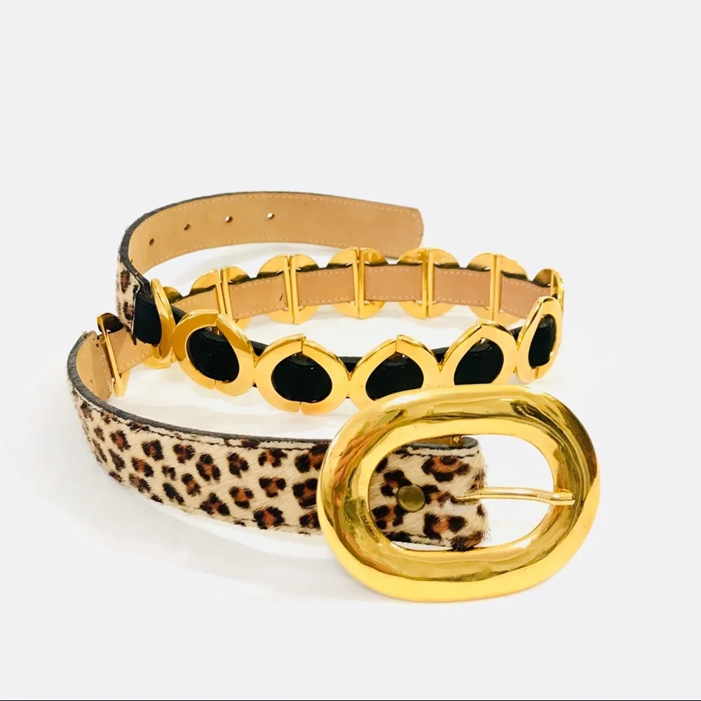CACHÉ - VINTAGE 90’s Leather & Gold Leopard Calf Hair Belt - Picture 3 of 5
